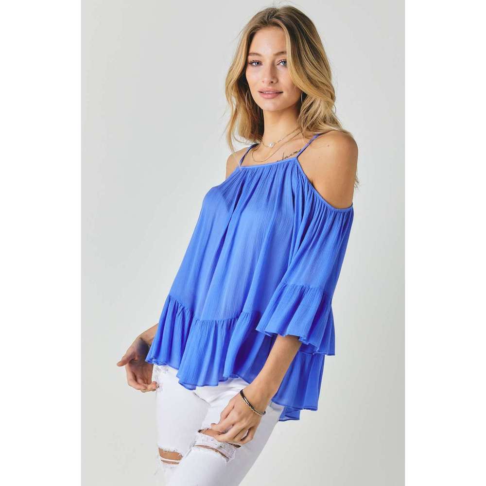 Ruffled Cold Shoulder Sheer Blouse Top - Picture 4 of 6